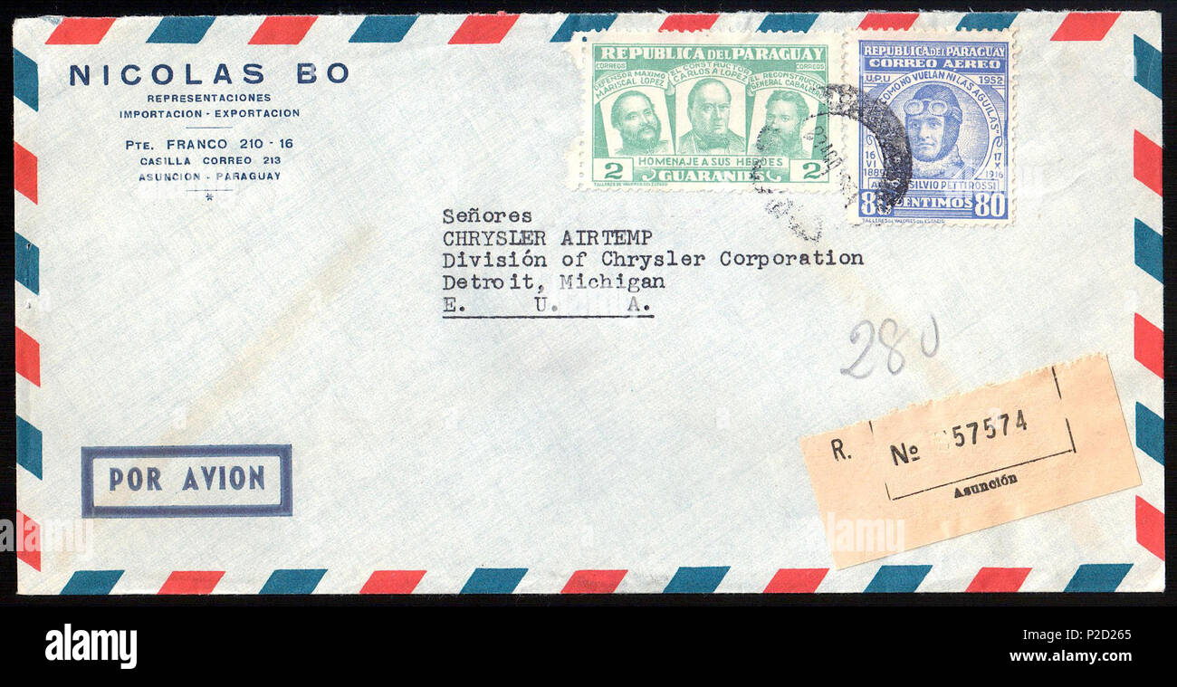 . Inglese: Paraguay 1955-08-23 airmail copertura da Asuncion per la Chrysler Corporation a Detroit. Sc. C203, 485 . Il 23 agosto 1955. Il Paraguay post 40 Paraguay 1955-08-23 airmail cover Foto Stock