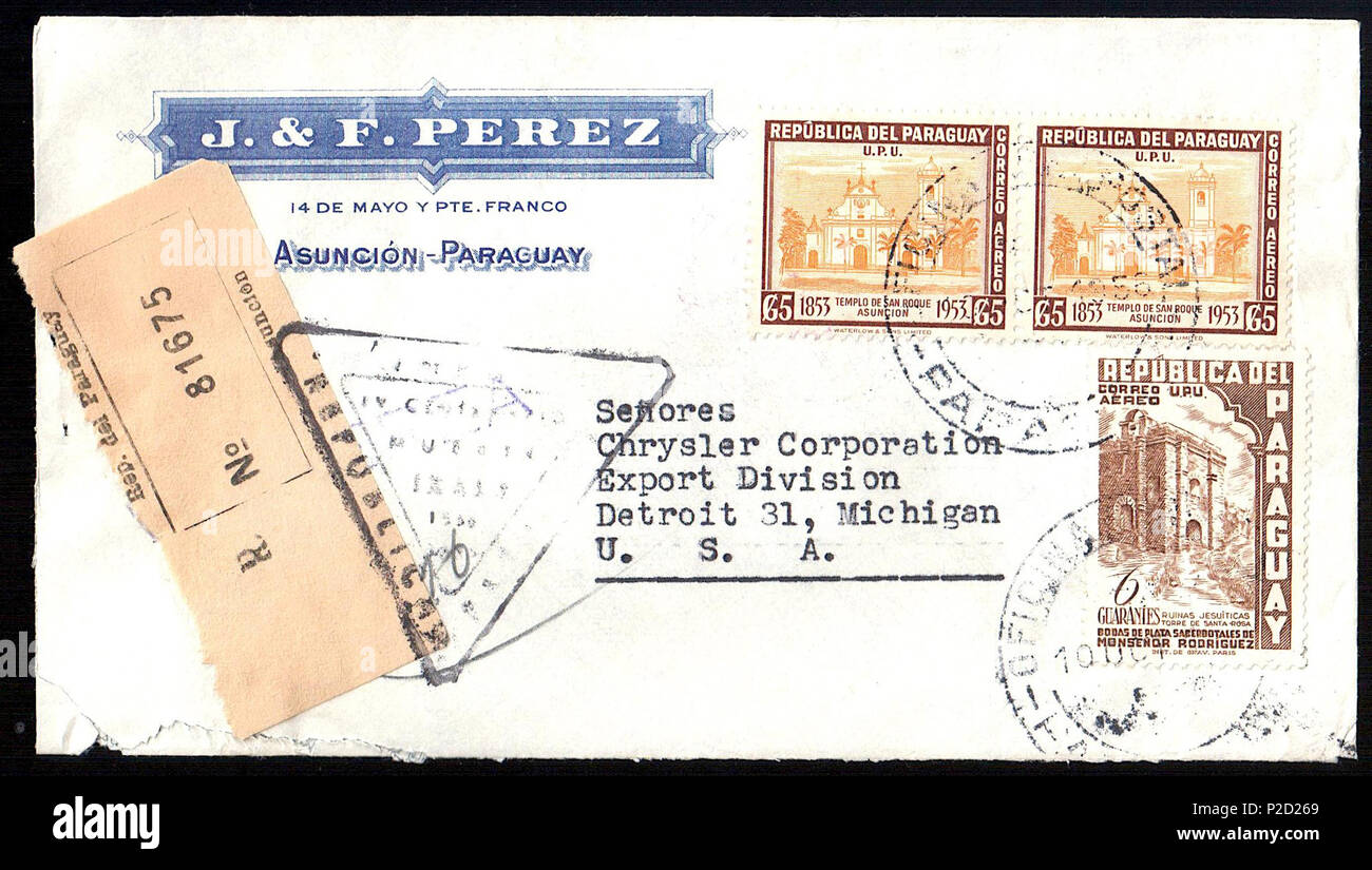 . Inglese: Paraguay 1956-10-10 airmail copertura da Asuncion per la Chrysler Corporation a Detroit. Il 10 ottobre 1956. Il Paraguay post 40 Paraguay 1956-10-10 airmail cover Foto Stock