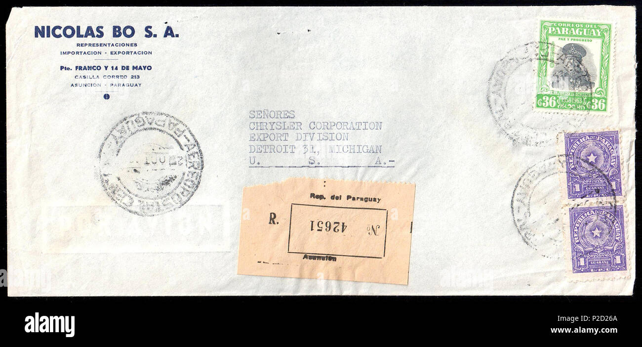 . Inglese: Paraguay 1958-10-02 airmail copertura da Asuncion per la Chrysler Corporation a Detroit. Il 2 ottobre 1958. Il Paraguay post 40 Paraguay 1958-10-02 airmail cover Foto Stock