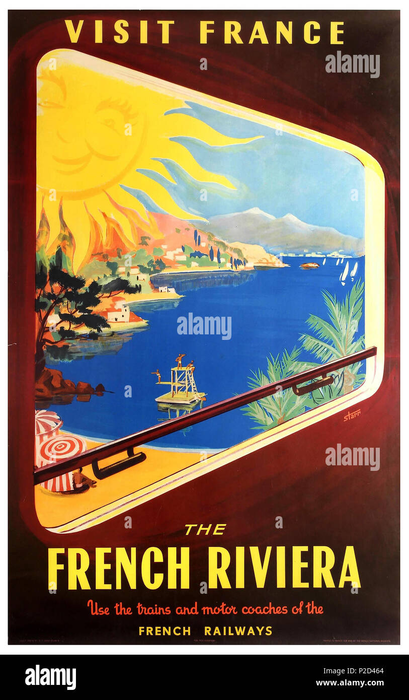 Vintage ferrovie francesi anni cinquanta in visita in Francia "La Riviera Francese di viaggio dei Poster ferroviarie Foto Stock