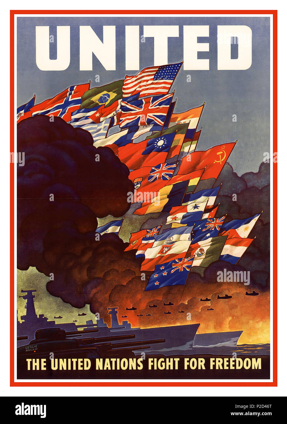 Vintage 'UNITED' 'UNITED NATIONS FIGHT FOR FREEDOM' Propaganda Poster WW2 creato durante la seconda guerra mondiale (1943), secondo la Dichiarazione delle Nazioni Unite del 1942. Il Poster, creato dall'Ufficio delle informazioni di guerra degli Stati Uniti e realizzato dall'Ufficio Stampa del Governo degli Stati Uniti. Il poster presenta le bandiere di quei paesi o governi in esilio che si sono impegnati a sostenere lo sforzo alleato.questo poster è importante perché rappresenta le origini stesse delle Nazioni Unite come un'alleanza in tempo di guerra, prima che diventasse un'entità ufficiale del dopoguerra Foto Stock