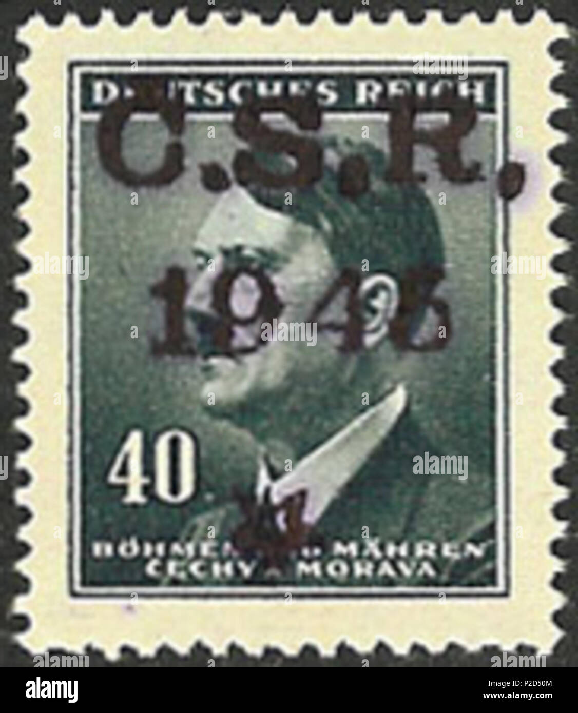 . Inglese: francobollo del Terzo Reich Protettorato di Boemia e Moravia, Adolf Hitler, sovrastampato in Bojkovice, 1945 ???????: ???????? ????? ???????????? ???????? ????? ??????? ? ???????????????????? ? ????????? ? 1945 ????. 1945; caricato 2009-08-14. caricato da Nickpo 10 BuM1945Bojkoviceovpt Foto Stock