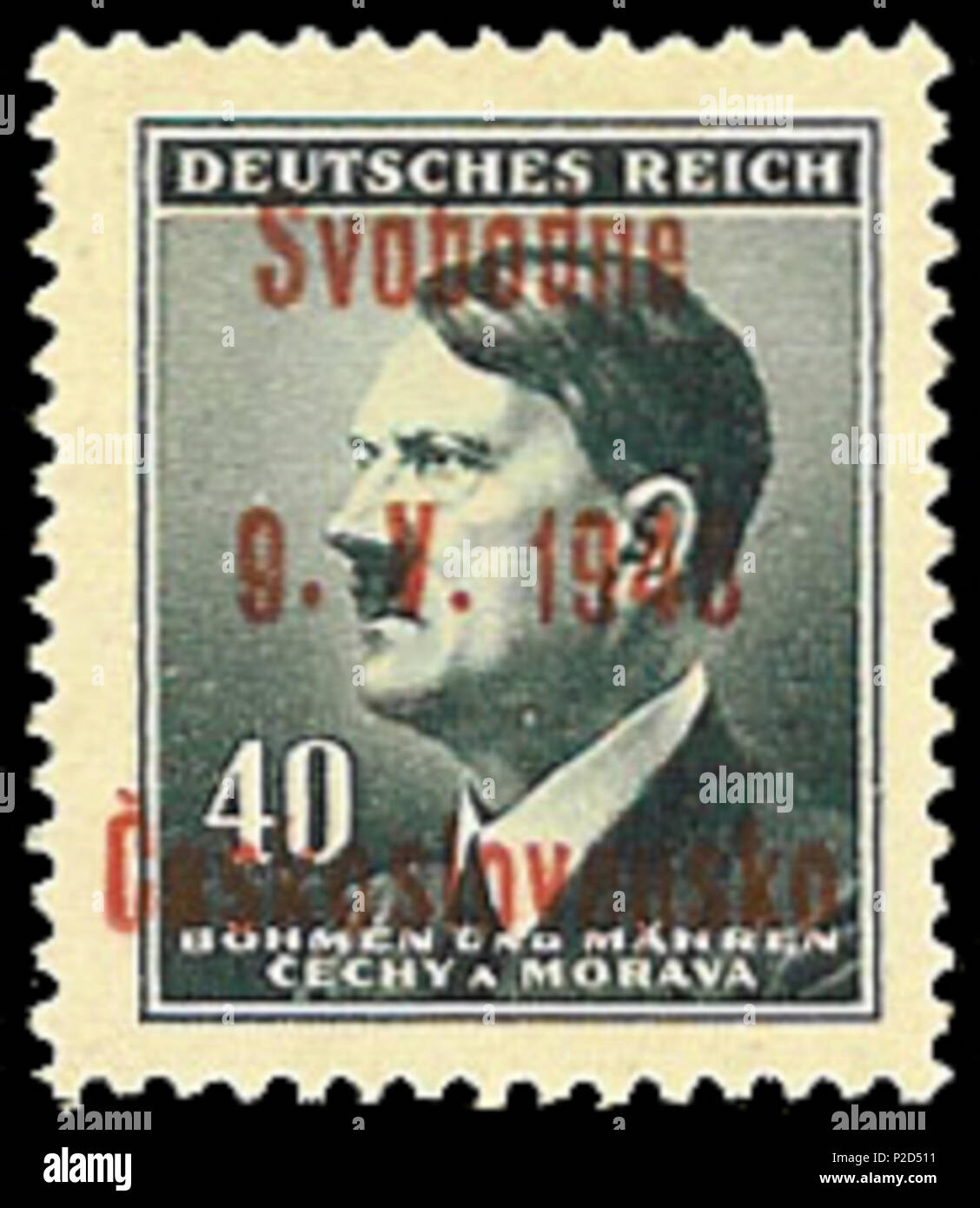 . Inglese: francobollo del Terzo Reich Protettorato di Boemia e Moravia, Adolf Hitler, sovrastampato in Horazdovice, 1945 ???????: ???????? ????? ???????????? ???????? ????? ??????? ? ???????????????????? ? ??????????? ? 1945 ????. 1945; caricato 2009-08-14. caricato da Nickpo 10 BuM1945Horazdoviceovpt Foto Stock