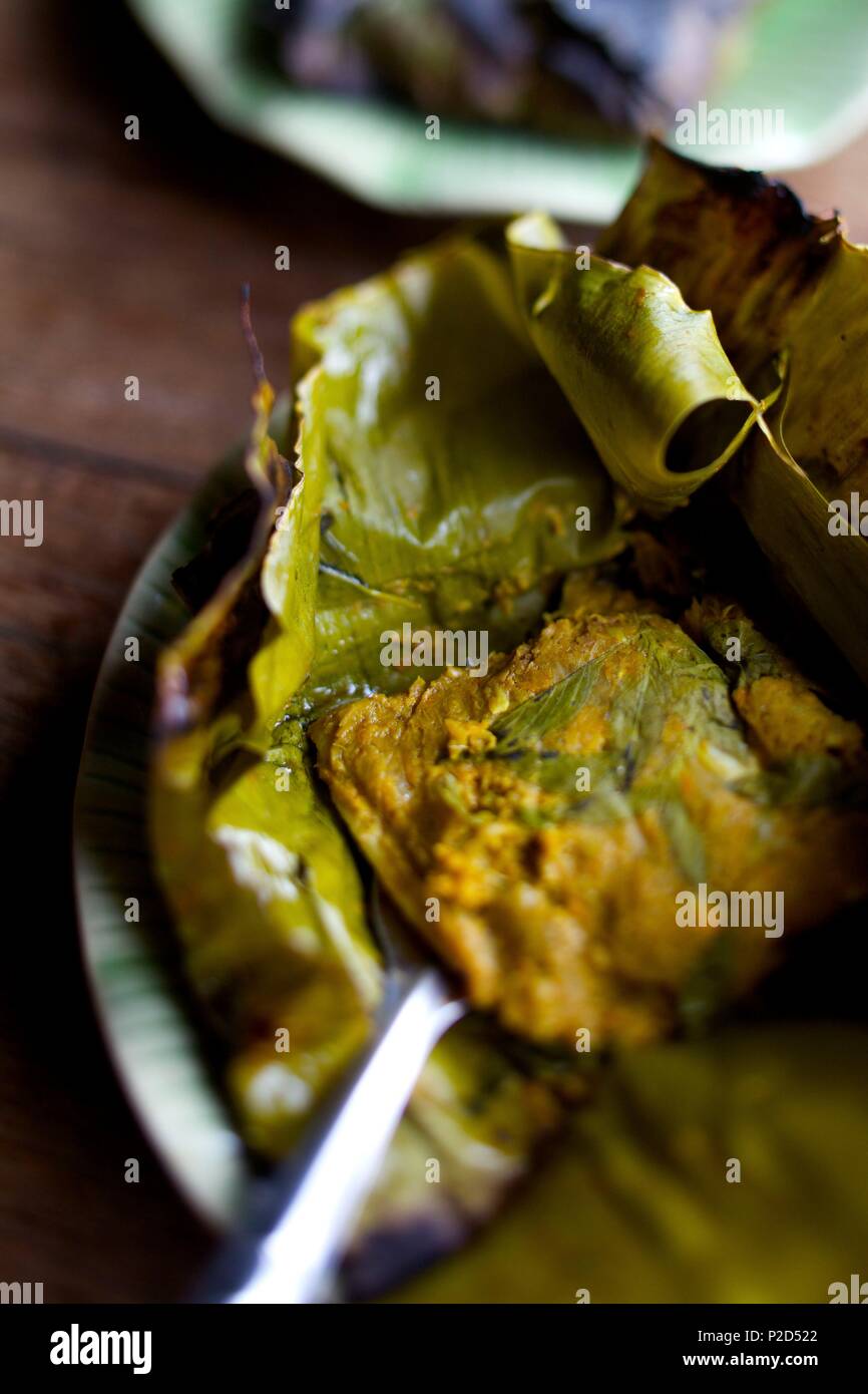 Thailandia, Tailandia del Nord, Pesce speziato ricetta in banana leaf Foto Stock