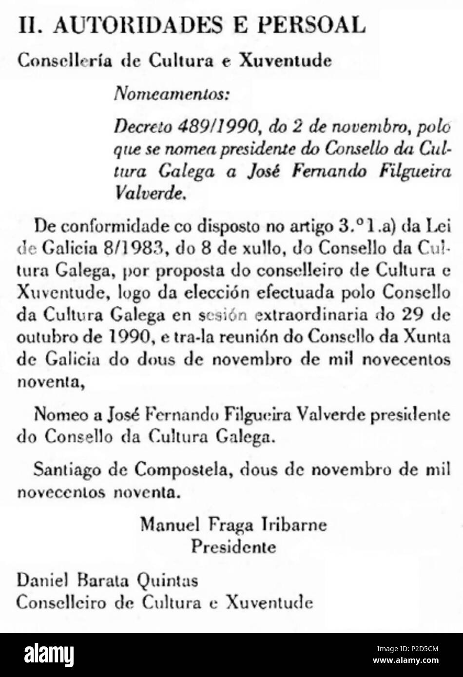 . Diario Oficial de Galicia . 1990. Diario Oficial de Galicia 16 cane 216, 1990, Presidente fare Consello da Cultura Galega, recorte Foto Stock