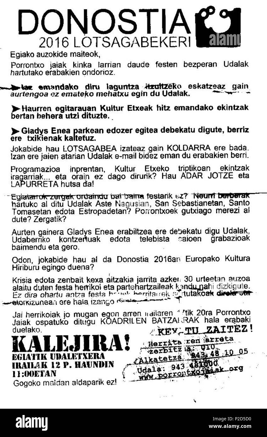 . Inglese: massicciamente distribuiti depliant protestando contro Donostia 2016. circa 2010. 16 sconosciuto Donostia2016 porrontxoak 01 001 Foto Stock