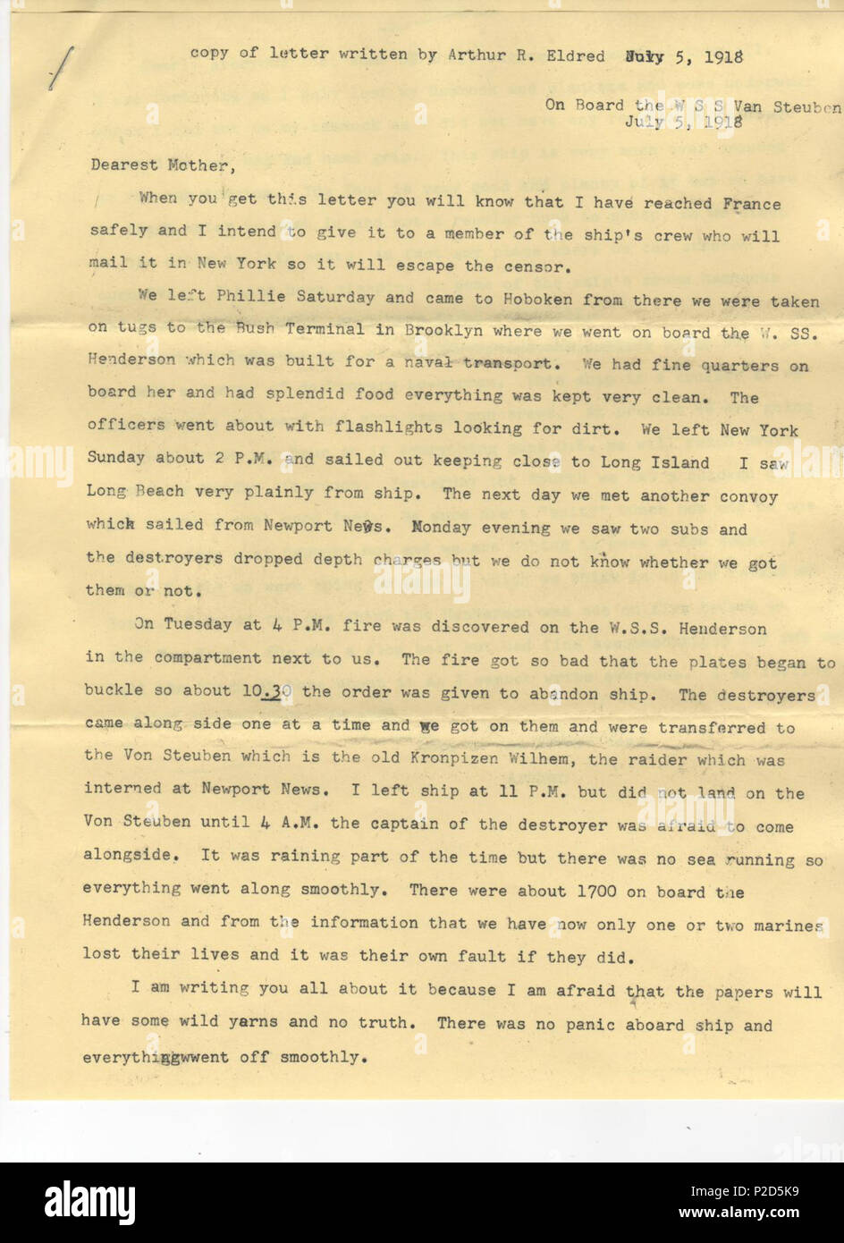 . Inglese: la prima pagina di una lettera da Arthur Rose Eldred a sua madre. Lettera scritta mentre in mare durante la guerra mondiale I. Eldred fu il primo Eagle Scout nelle Boy Scouts of America. Trascritto su :Eldred Lettera - 1918 A, vedere anche : Autore:Arthur Rose Eldred . Il 5 luglio 1918. Arthur Rose Eldred 17 Eldred lettera1918Apage1 Foto Stock
