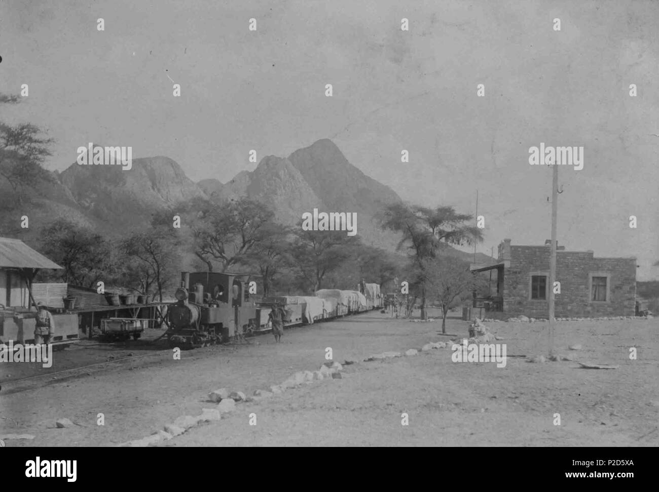 . Deutsch: Zug im Bahnhof Abbabis, auf der mit einer Spurweite von 600 mm erbauten rund 380 km langen Bahnstrecke Swakopmund-Windhoek, im damaligen Deutsch-Südwestafrika, heute Namibia. An der Spitze des Zuges eine Brigade-Feldbahn Dampflokomotive vom Typ Zwillinge mit der Bauart Cn2t+Cn2t, gefolgt von zwei Wasserwagen und mehrerern Güterwagen. Die mit einfachsten Mitteln erbaute Bahn die anfänglich durch das Kaiserliche Eisenbahnkommando betrieben wurde, ist eher einer Kleinbahn als denn einer Feldbahn zuzuordnen. Das Bild, der Originaldatensatz, wurde zugeschnitten. Standort: 2401/StuUB Bild Foto Stock