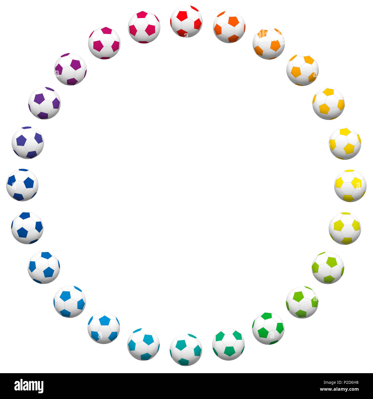 Pallone da calcio anello. Cornice rotonda fuori molte colorate palloni da calcio - illustrazione su sfondo bianco. Foto Stock