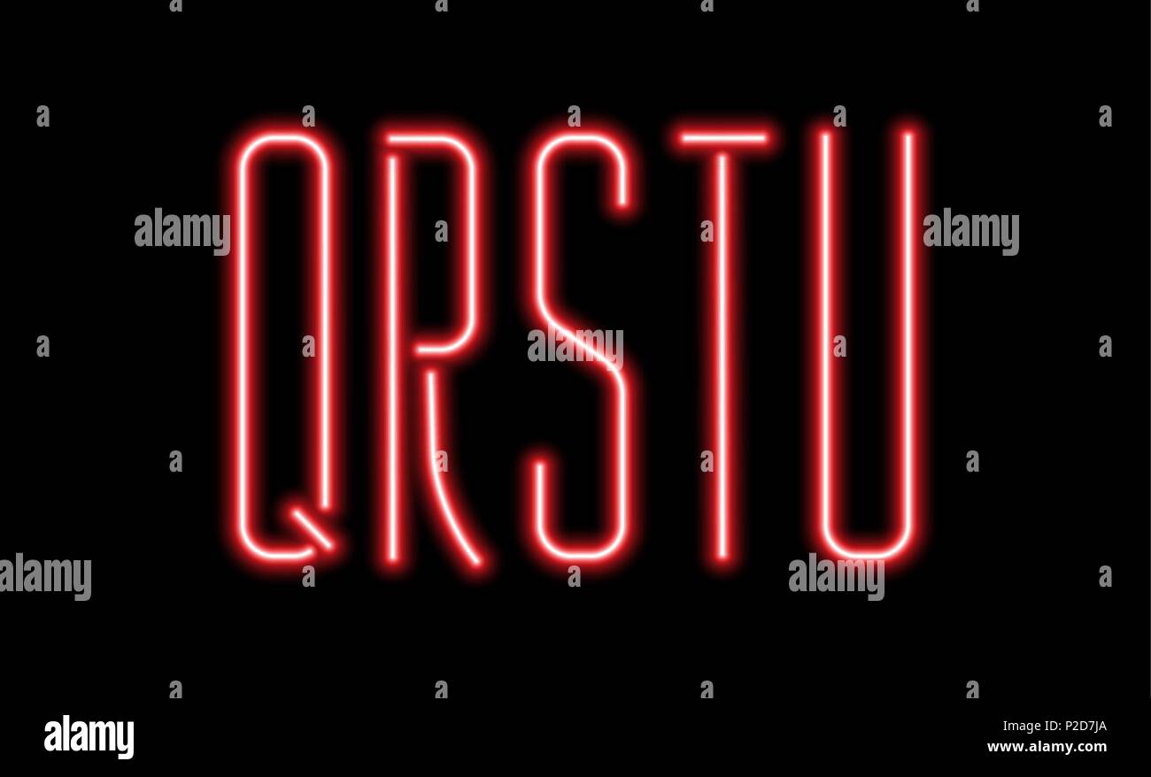 Rosso brillante lettere al neon su uno sfondo nero. Le lettere Q, R, S, T, U per il night club o night show design. Illustrazione Vettoriale