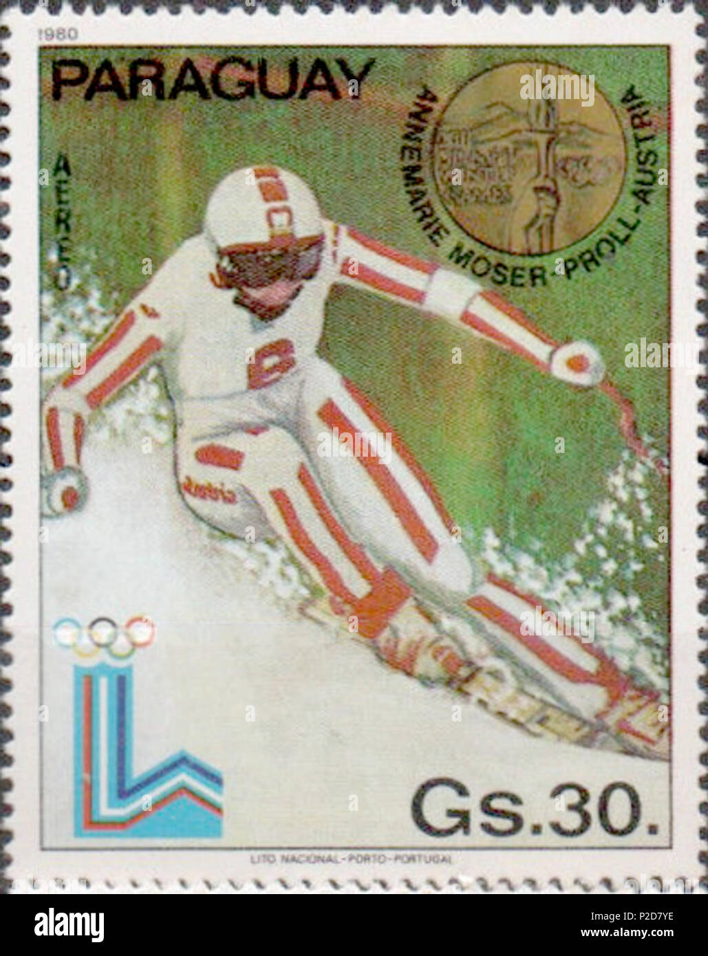 4 Annemarie Moser-Pröll 1980 Paraguay stamp 2 Foto Stock