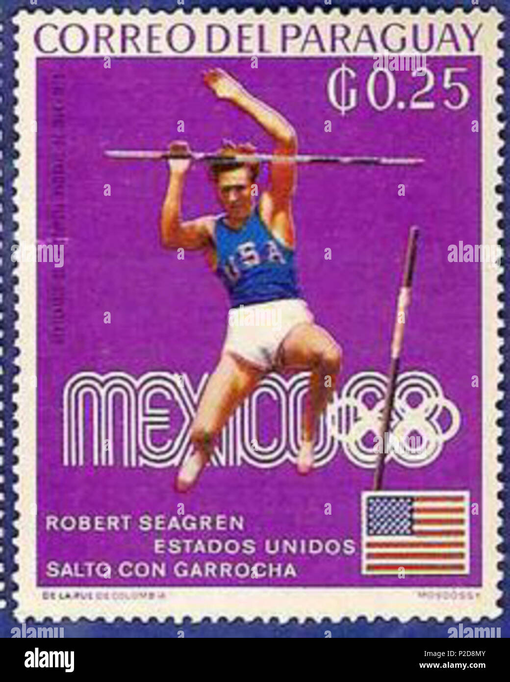 . Inglese: Timbro del Paraguay che mostra un americano pole vaulters Robert Seagren. Il 13 febbraio 1969. 8 sconosciuto Bob Seagren 1969 timbro Foto Stock