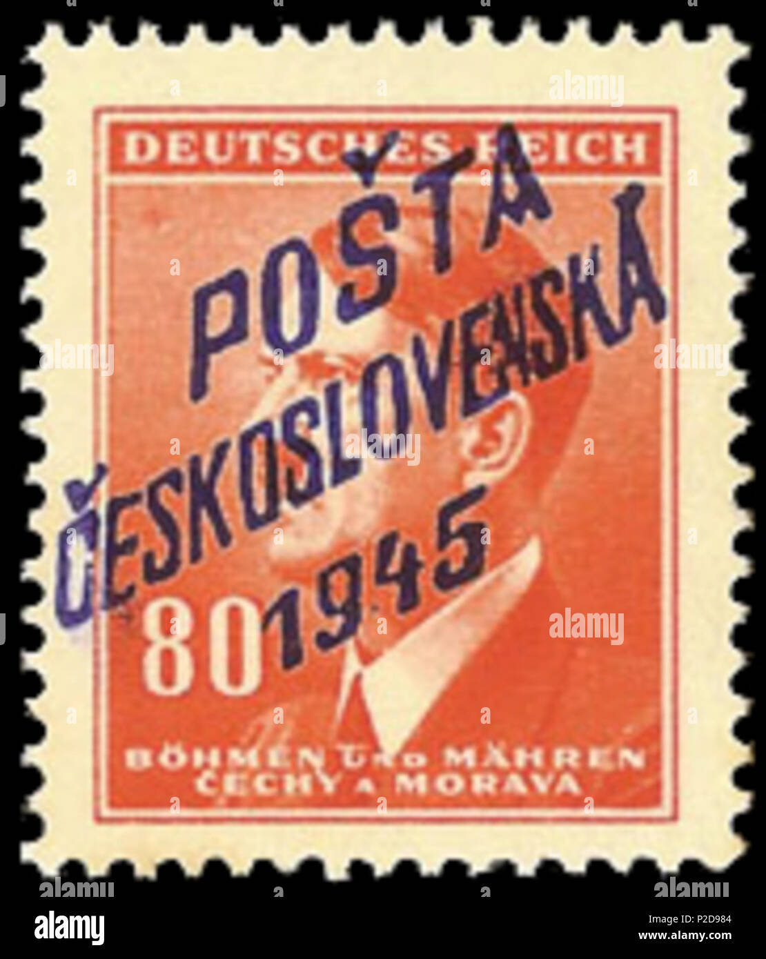 . Inglese: francobollo del Terzo Reich Protettorato di Boemia e Moravia, Adolf Hitler, sovrastampato in Olomouc, 1945 ???????: ???????? ????? ???????????? ???????? ????? ??????? ? ???????????????????? ? ???????? ? 1945 ????. 1945; caricato 2009-08-14. caricato da Nickpo 10 BuM1945Olomoucovpt Foto Stock