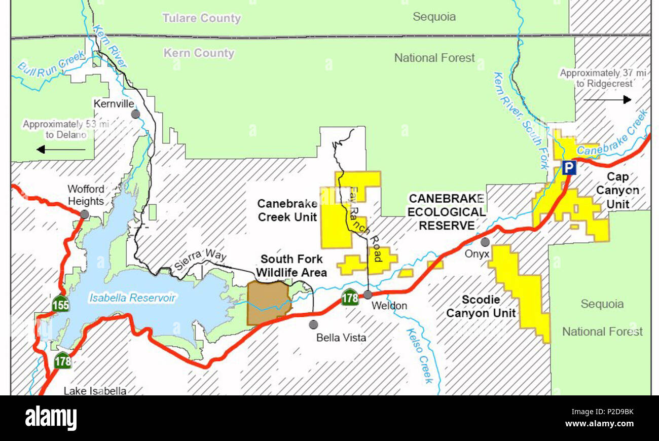 . Inglese: una mappa del canneto Riserva Ecologica sulla forcella del sud del fiume Kern, e il Lago di Isabella, nel sud della Sierra Nevada. Situata nel nordest Kern County, California. . Data sconosciuta. Dipartimento della California di pesce e di selvaggina 11 Canneto Riserva Ecologica di mappa Foto Stock