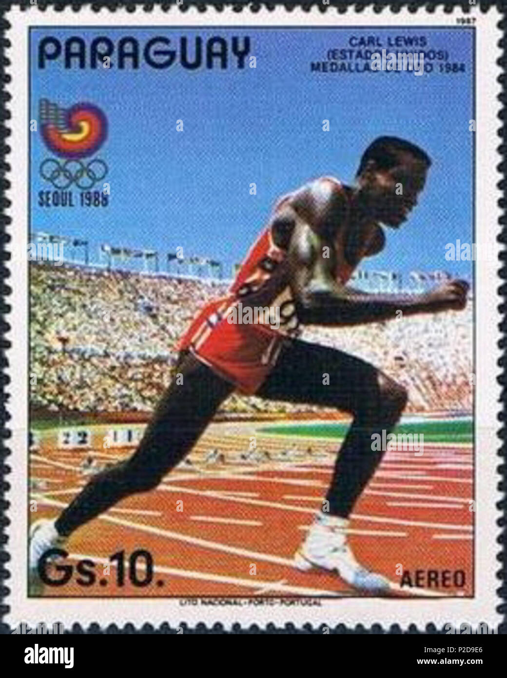 . Carl Lewis . 1987. 11 sconosciuto Carl Lewis 1987 Paraguay timbro Foto Stock
