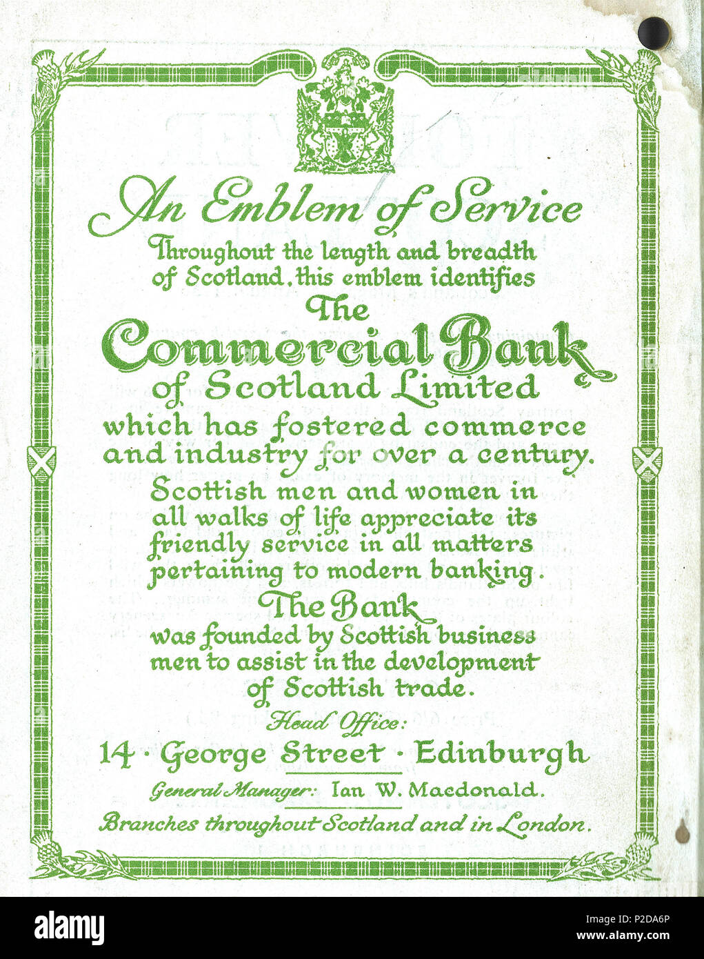 . Inglese: Pubblicità per la Banca Commerciale della Scozia sul retro di una Scottish Omnibuses calendario di ottobre 1955 . Ottobre 1955. Scottish Omnibuses Ltd (durata: 50 anni - la società era di proprietà statale.) 14 Commercial Bank of Scotland annuncio 19563 Foto Stock