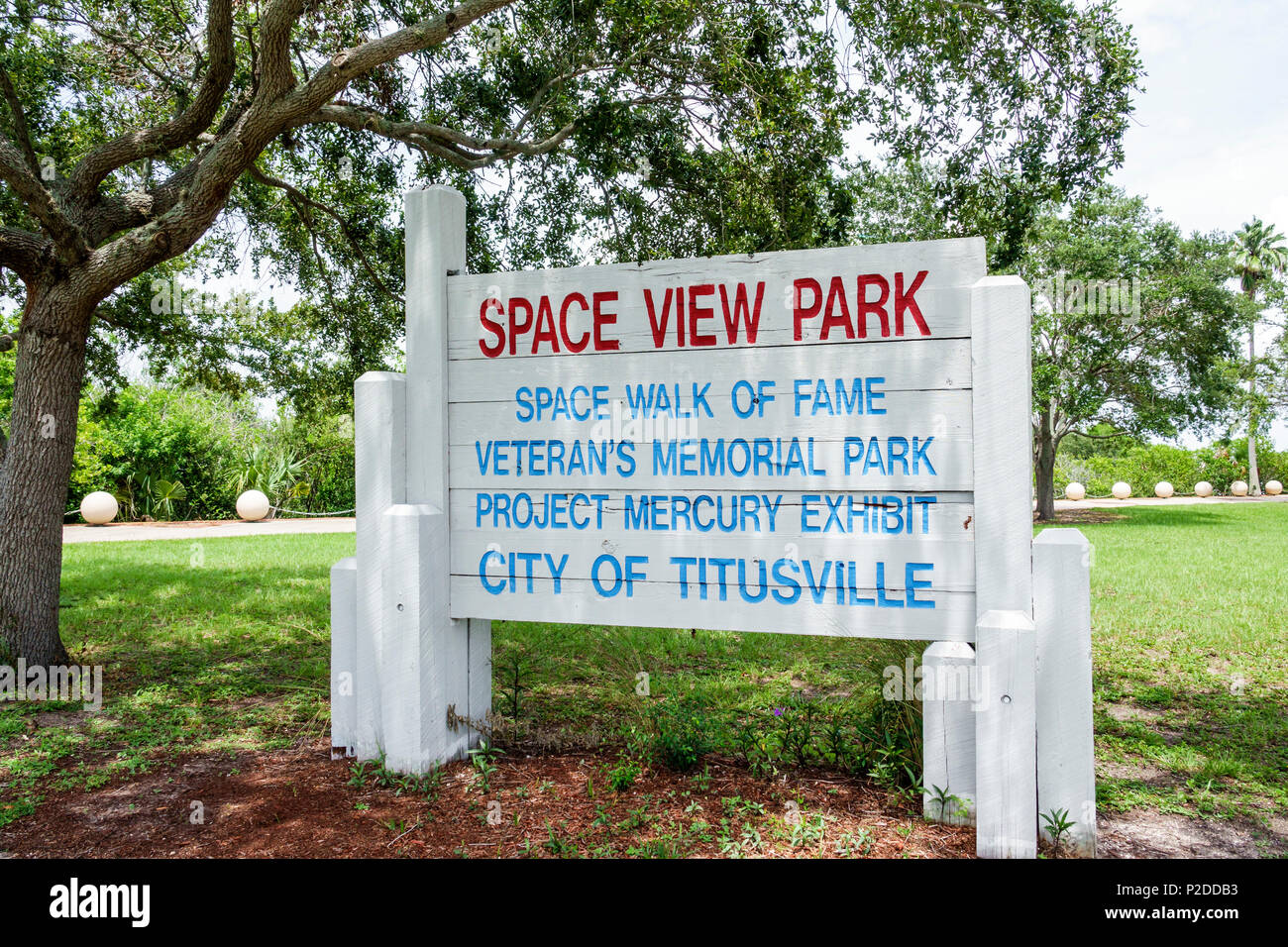 Florida Titusville, Space View Park, cartello, Space Walk of Fame, Veteran's Memorial, Project Mercury Exhibit, FL170730053 Foto Stock