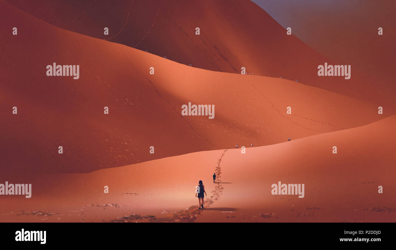 Gli escursionisti salire fino alla duna di sabbia nel deserto rosso, arte digitale stile, illustrazione pittura Foto Stock