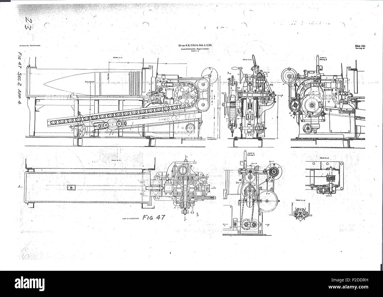 . Questo è il disegno della "magnete-umlader" (magnetico reloader) per il tedesco 28 cm Schiffskanone C/34 pistola. Il C/34 cannoni erano posti nel modello DHR. C/28 della torretta, originariamente sulle navi "Scharnhorst e Gneisenau". "Gneisenau" è stata danneggiata da un attacco aereo nel 1942, e i suoi cannoni erano collocati a terra in corrispondenza di batterie costiere. Due delle torrette, con un totale di sei cannoni, sono state poste in Norvegia, a Austrått e Fjell, di cui quella a Austrått rimane ancora come un museo oggi. La terza torretta è stata collocata in Olanda. Data sconosciuta. La Krupp. 52 Sk c 34 umlader magnete Foto Stock