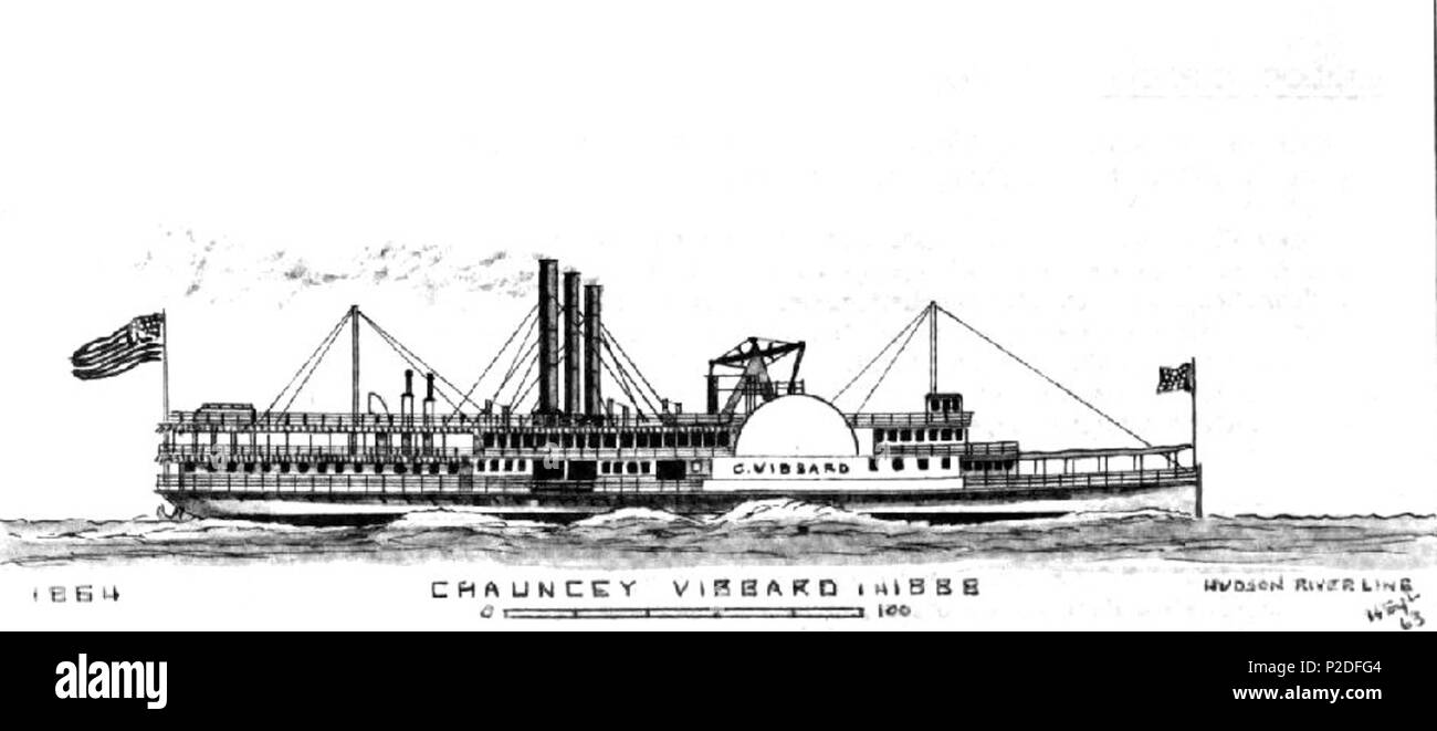 . Inglese: Il steamboat Vibbard Elena del Fiume Hudson linea giorno, seguendo il suo 1880 ricostruire. 1965. Erik Heyl, basata su un dipinto di James Bard 43 PS Vibbard Elena 1880 Foto Stock