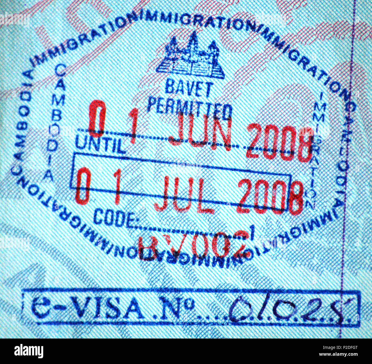 . Passaporto timbro di entrata Bavet. 27 luglio 2008, 17:20:43. Alex Steffler 11 Cambogia bavet timbro apposto sul passaporto Foto Stock