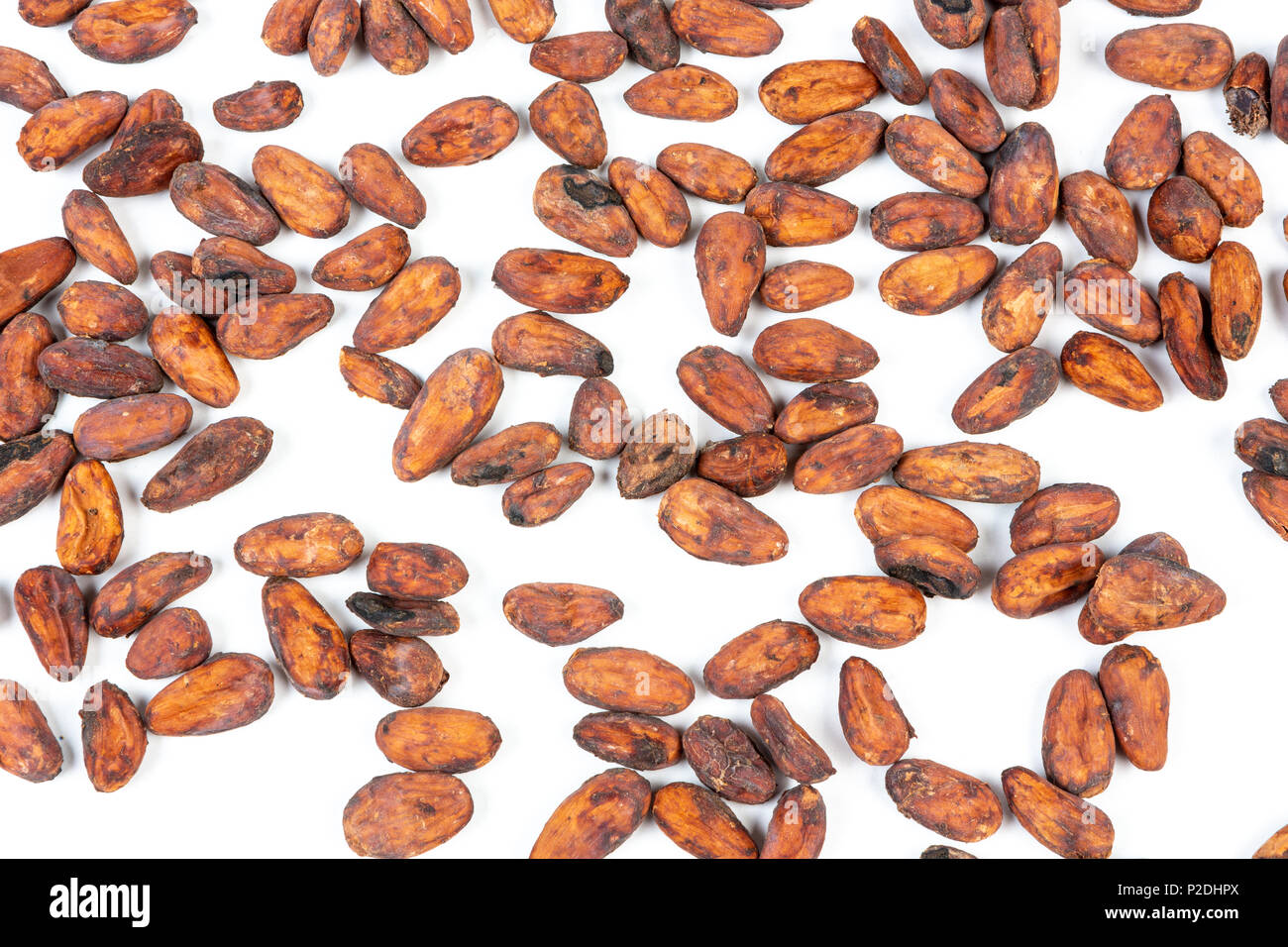 Chiudere di nuovo le fave di cacao su sfondo bianco. Foto Stock