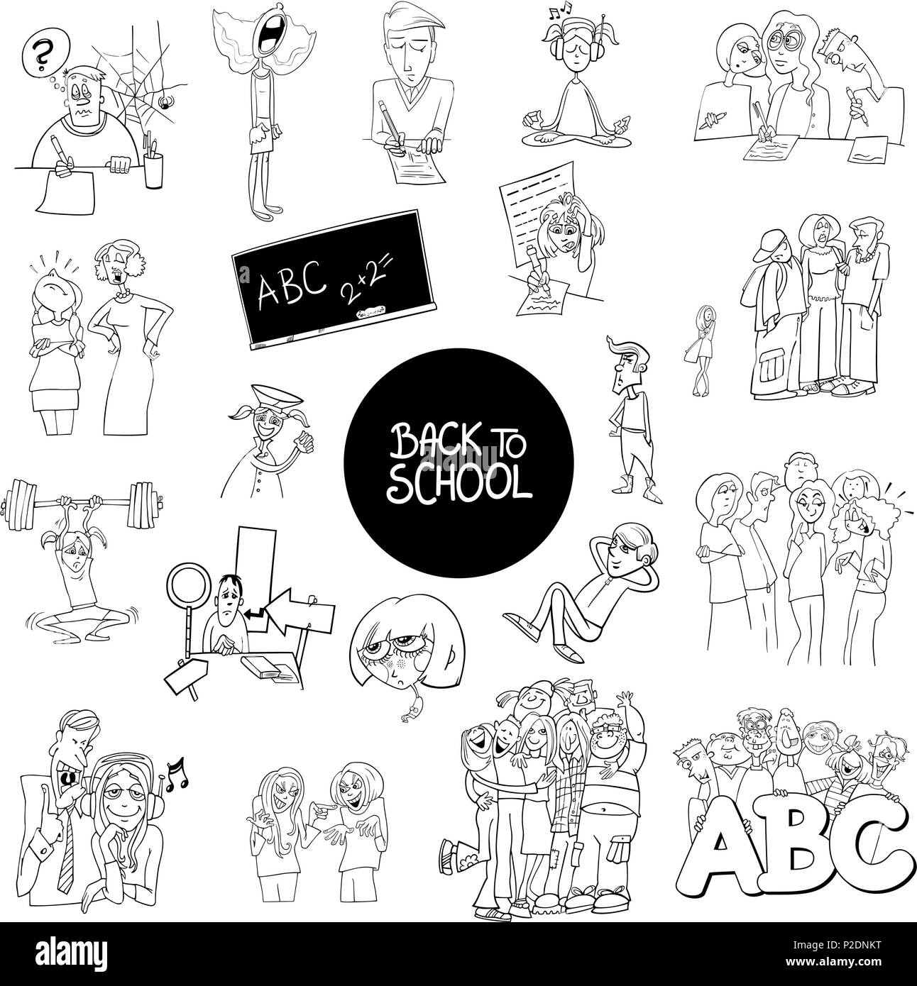 Bianco e Nero Cartoon illustrazione della scuola e istruzione personaggi e situazioni Set di grandi dimensioni Illustrazione Vettoriale