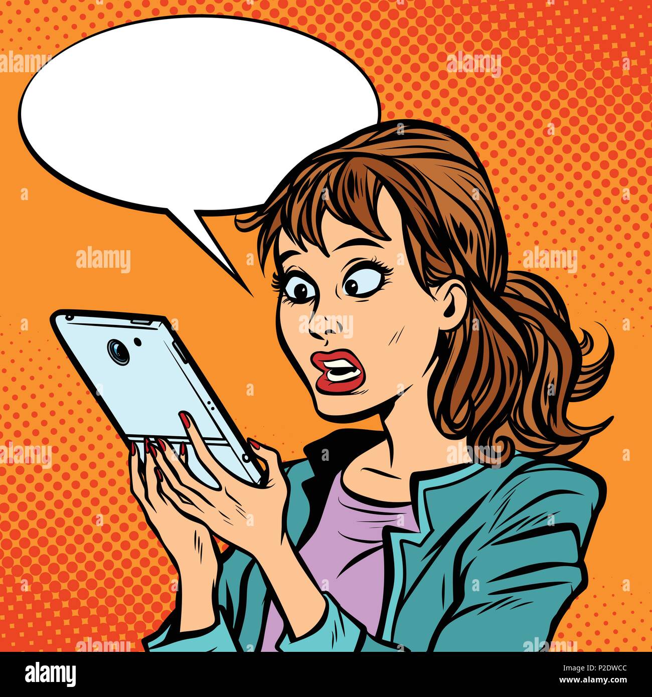 Scioccato la donna la lettura di uno smartphone. Fumetto cartoon arte pop retrò illustrazione vettoriale disegno Illustrazione Vettoriale