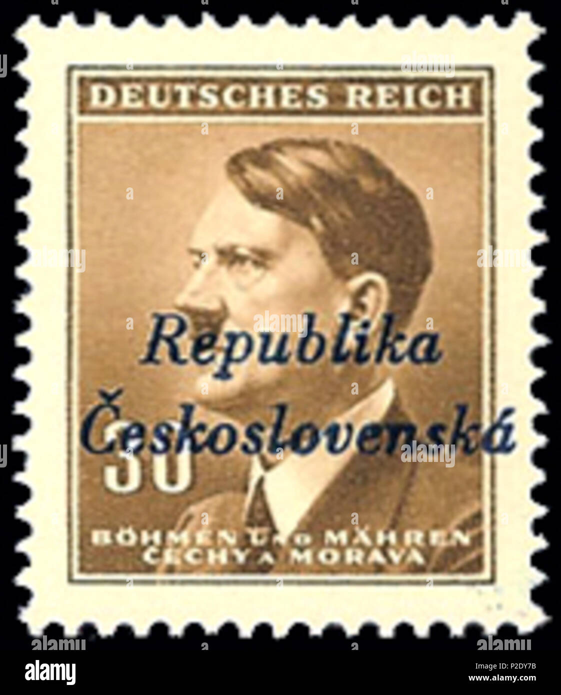 . Inglese: francobollo del Terzo Reich Protettorato di Boemia e Moravia, Adolf Hitler, sovrastampato in Bila Lhota, 1945 ???????: ???????? ????? ???????????? ???????? ????? ??????? ? ???????????????????? ? ???? ????? ? 1945 ????. 1945; caricato 2009-08-14. caricato da Nickpo 10 BuM1945BilaLhotaovpt Foto Stock