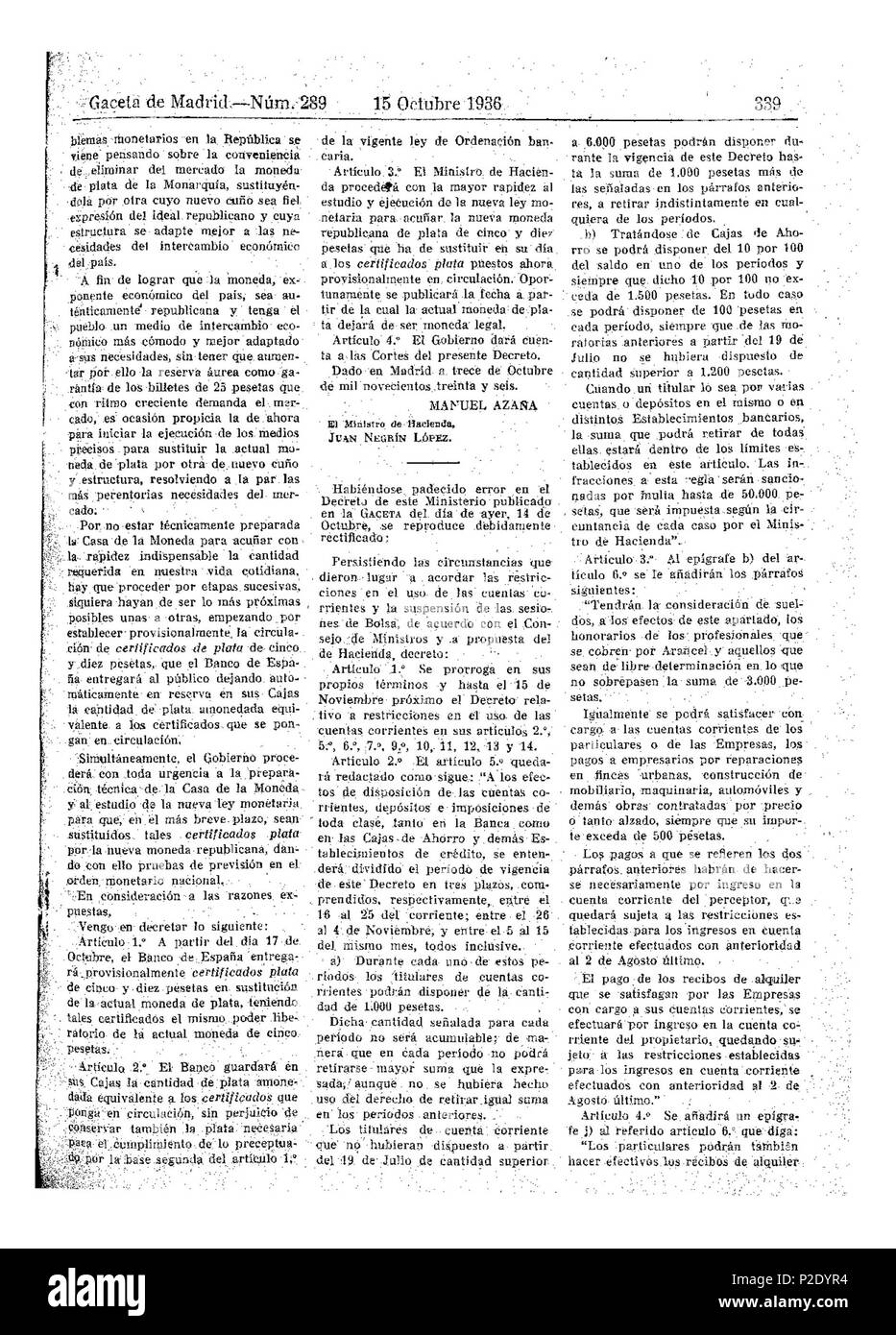 . Español: Gaceta de Madrid (289): 339. 15 ott. 1936. Il 25 febbraio 2018. Gaceta de Madrid 21 Gaceta de Madrid (289) 339. 15 ott. 1936 Foto Stock