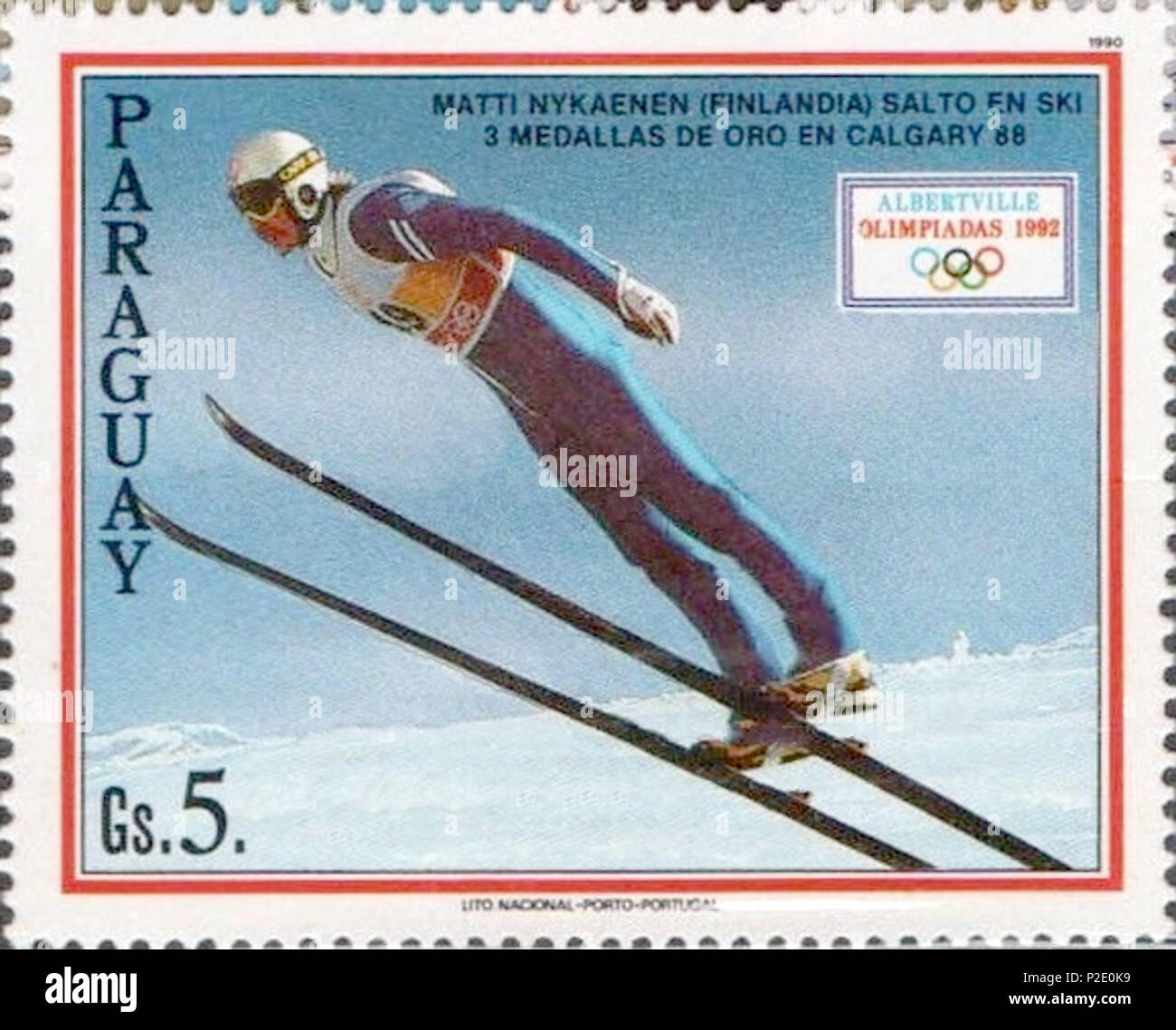 33 Matti Nykänen 1990 Paraguay timbro Foto Stock