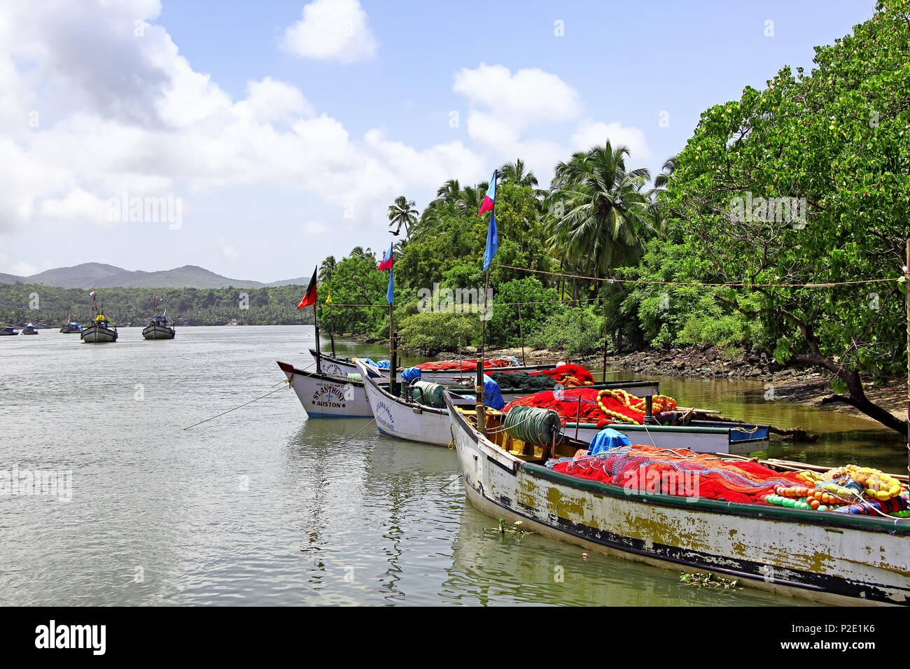 Betul, Goa, India - 01 Settembre 2017: barche da pesca tutti insieme per viaggio di pesca per acque profonde vicino al Cutbon Molo Pesca nel fiume Sal Betul, Goa Foto Stock