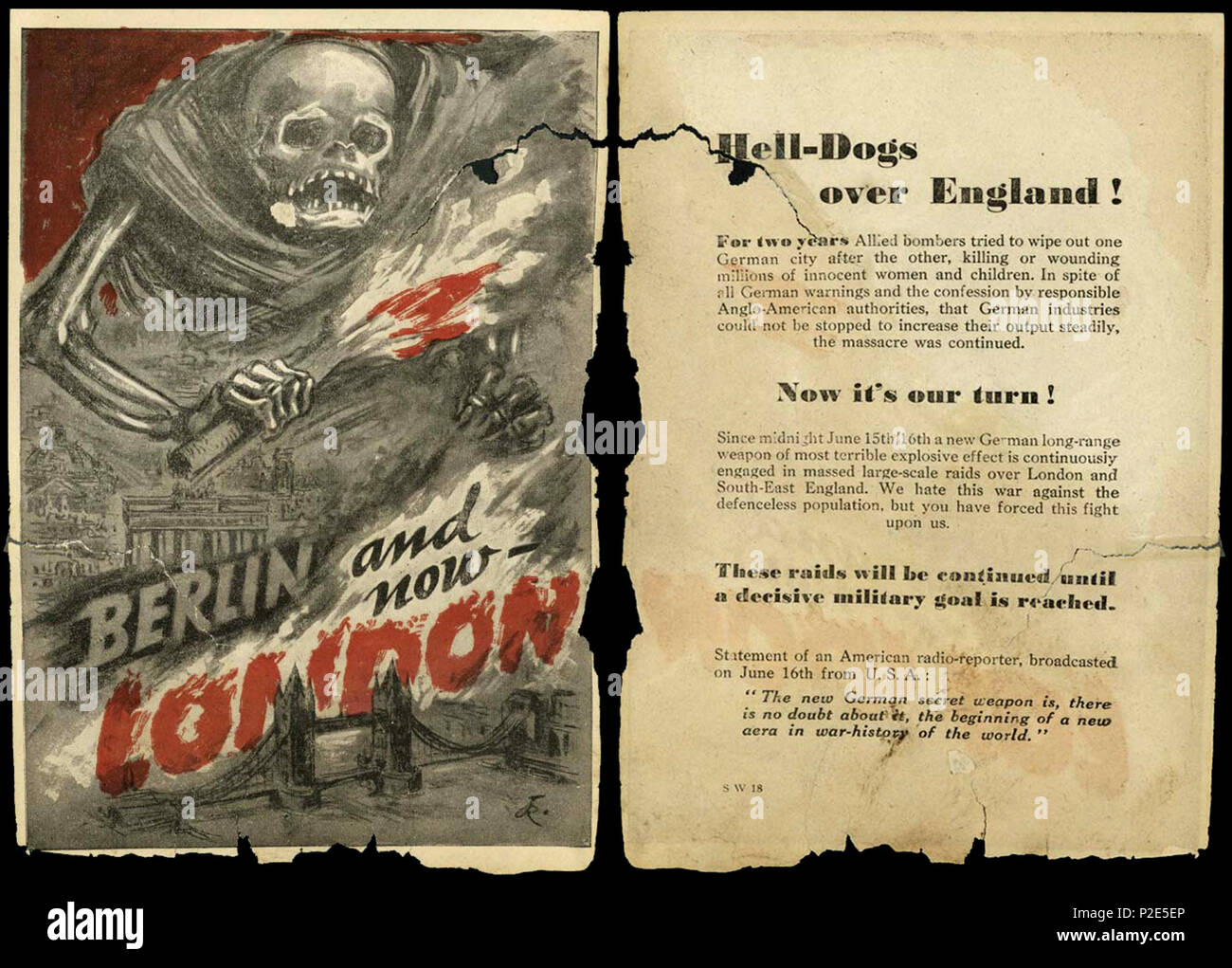 . Inglese: nazista V-Waffen rocket propaganda foglietto consegnato a Londra durante i bombardamenti. Fine di giugno 1944. ???????: ?????????? ???????????????? ???????????????????? ? ?????? ? ??????? ?????? '???'. ????? ???? 1944 ????. Giugno 1944. Nazi propaganda tedesca ministero, PROMI (de:Propagandaministerium) 36 NaziV-WaffenRocketPropagandaleaflet1944giugno Foto Stock