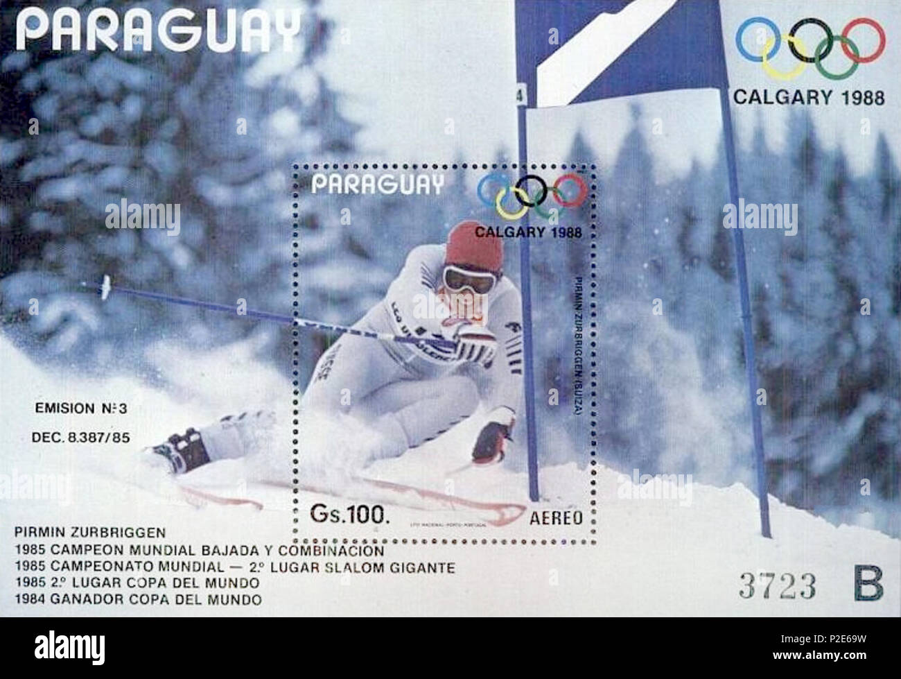 . Pirmin Zurbriggen . 1988. 41 sconosciuto Pirmin Zurbriggen 1988 Paraguay timbro Foto Stock