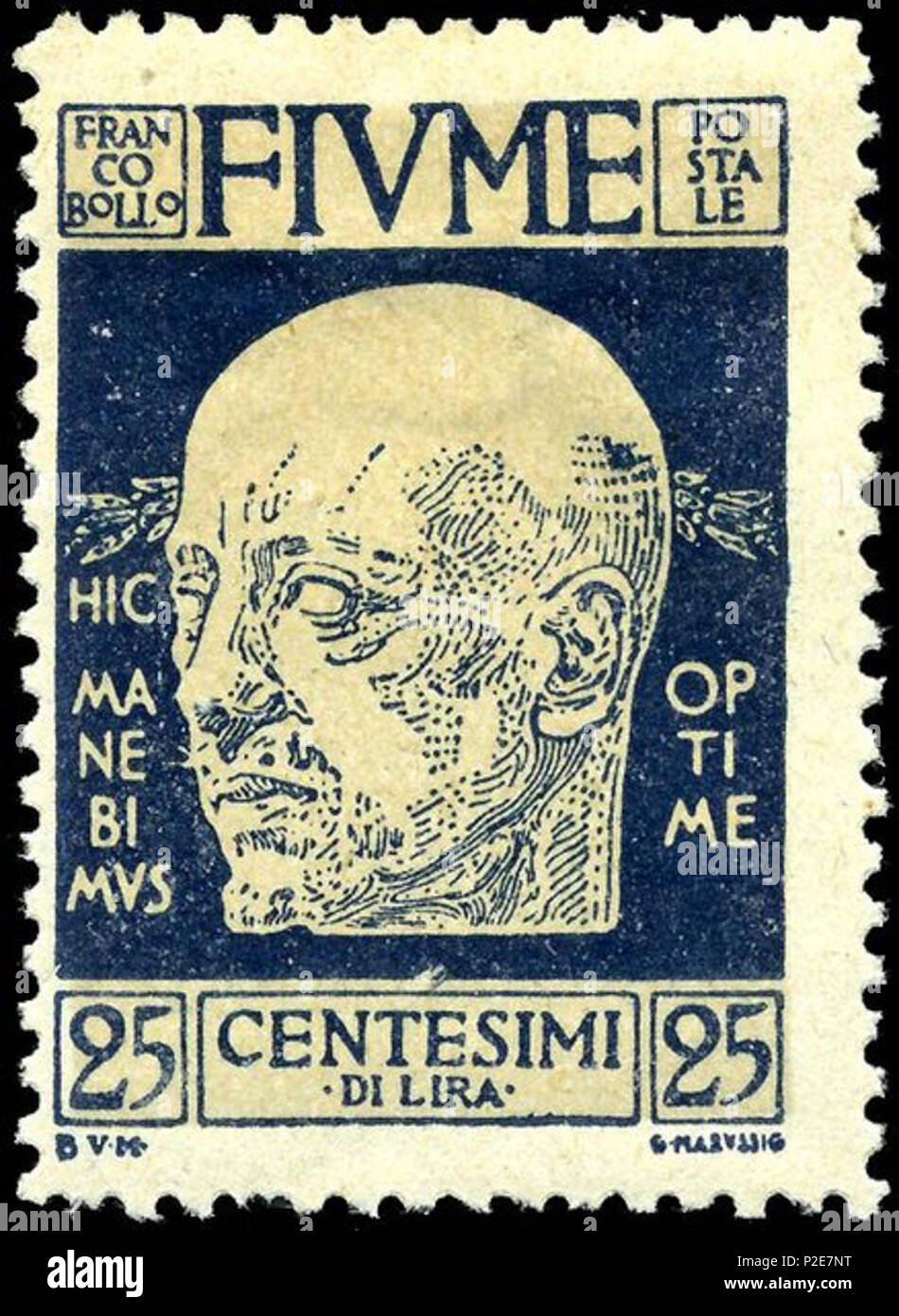 . Inglese: Fiume 25c timbro del 1920 raffigurante Gabriele d'Annunzio . Questo file è privo di informazioni sull'autore. 53 Timbro Fiume 1920 25c Annunzio Foto Stock