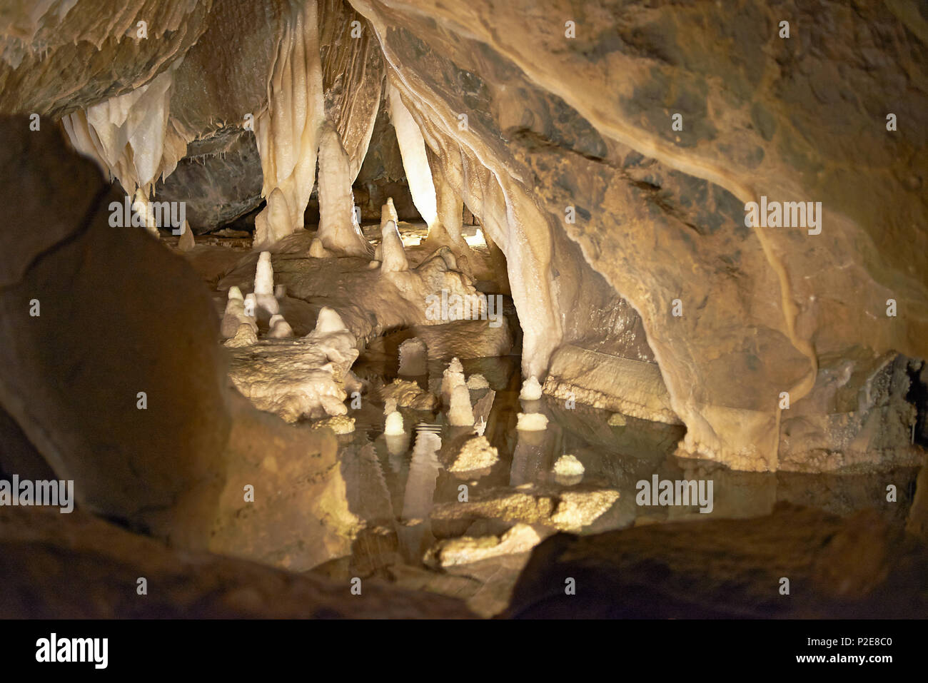 Uno sguardo all'interno delle grotte atta in Attendorn profondo sottosuolo con un sacco di calcare stalagmiti e stalagtites formazioni rocciose Foto Stock