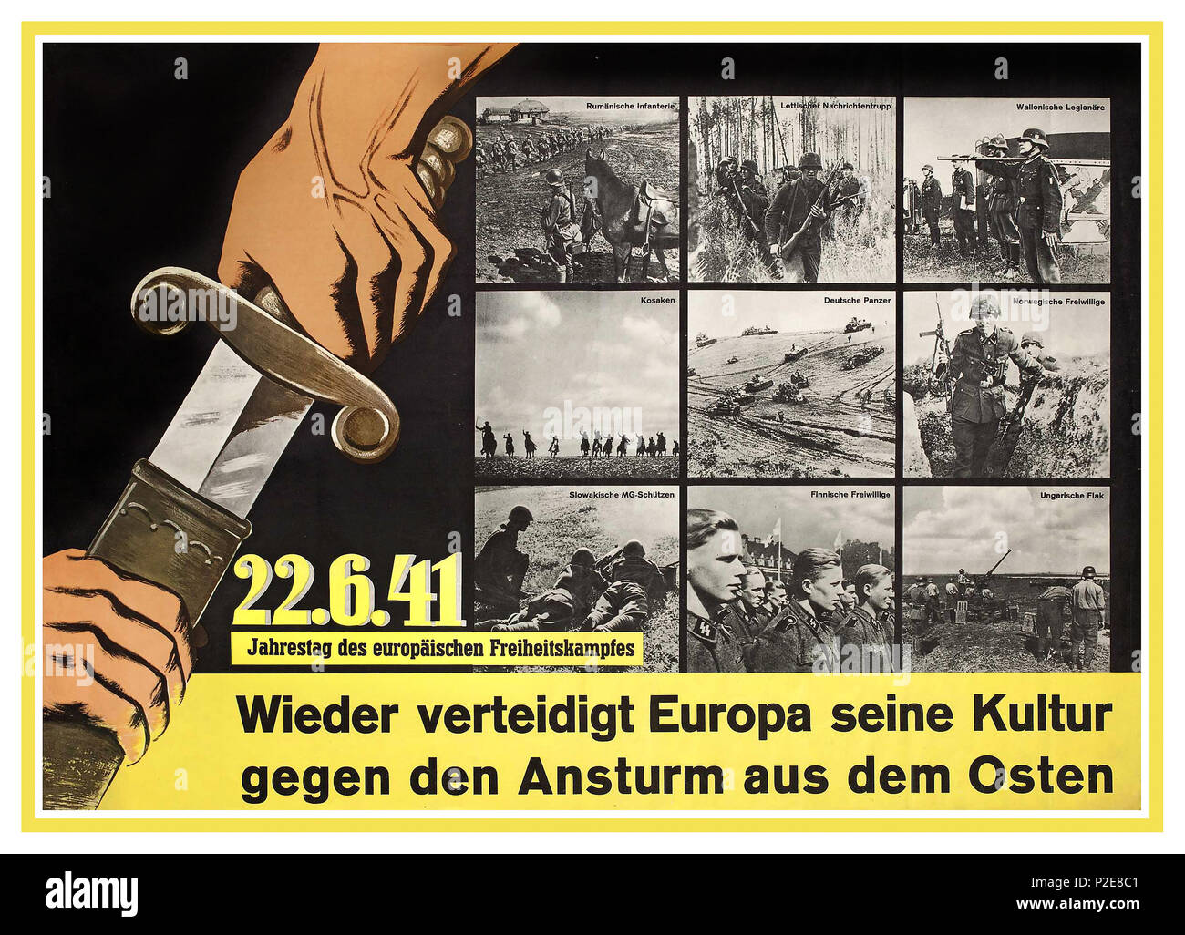 Vintage Germania Nazista WW2 poster di propaganda Waffen-SS - 22. Giugno 1941 Tedesco anti-propaganda comunista poster 1941-1945. celebrando la collaborazione delle forze armate dalla Romania, Lituania, la Vallonia, cosacchi, Norvegia, Slovacchia, Finlandia e Ungheria con i tedeschi nella campagna contro l'Unione Sovietica. Titolo del poster legge..'L'Europa ancora una volta difende la sua cultura contro gli assalti di Oriente" Foto Stock