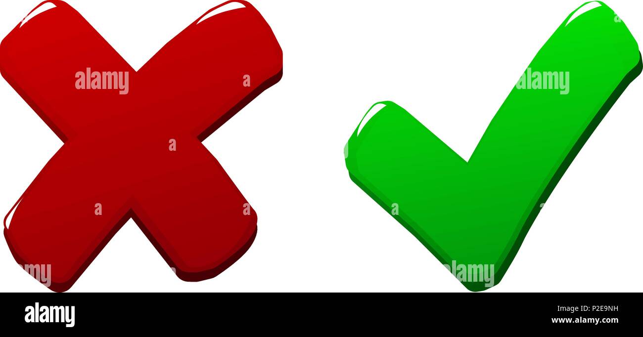 Tick e croce 3d su sfondo bianco Illustrazione Vettoriale