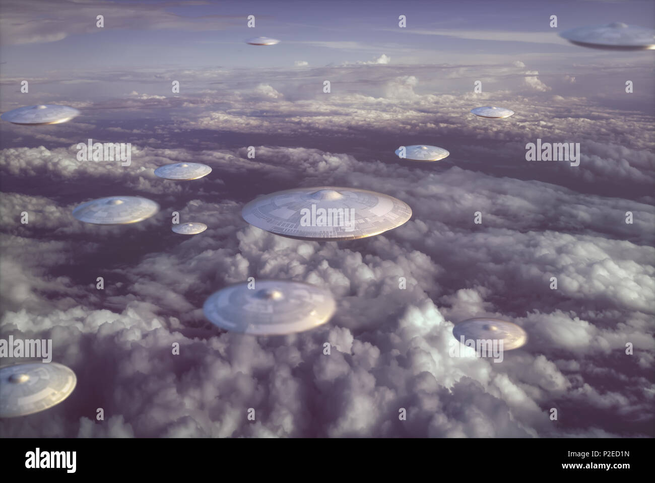 3D'illustrazione. Invasione di astronavi aliene. Sky riempito con le navi madri e piccoli veicoli spaziali. Foto Stock