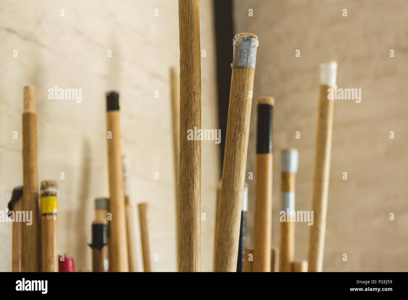 Poli lunghi disposti nella sala fitness Foto Stock