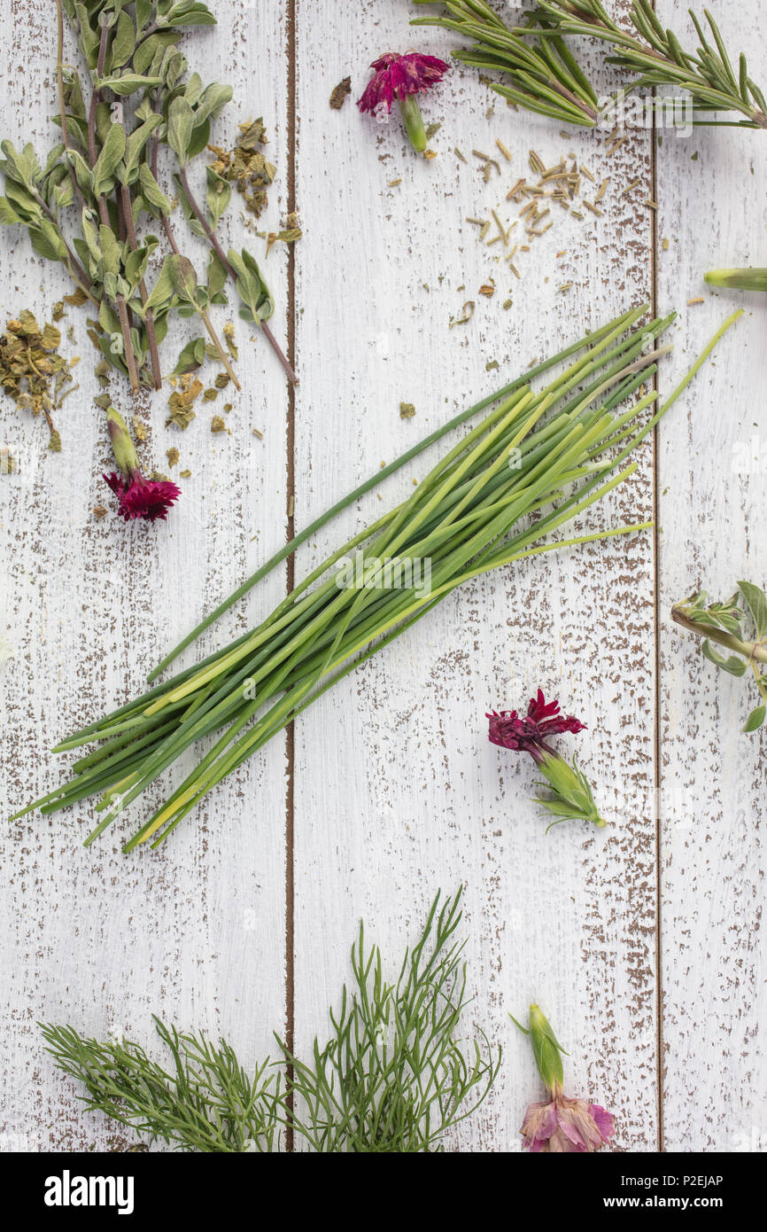 Dragoncello, rosmarino, erba cipollina, salvia, maggiorana e aneto erbe su  un rustico tavolo con fiori commestibili Foto stock - Alamy