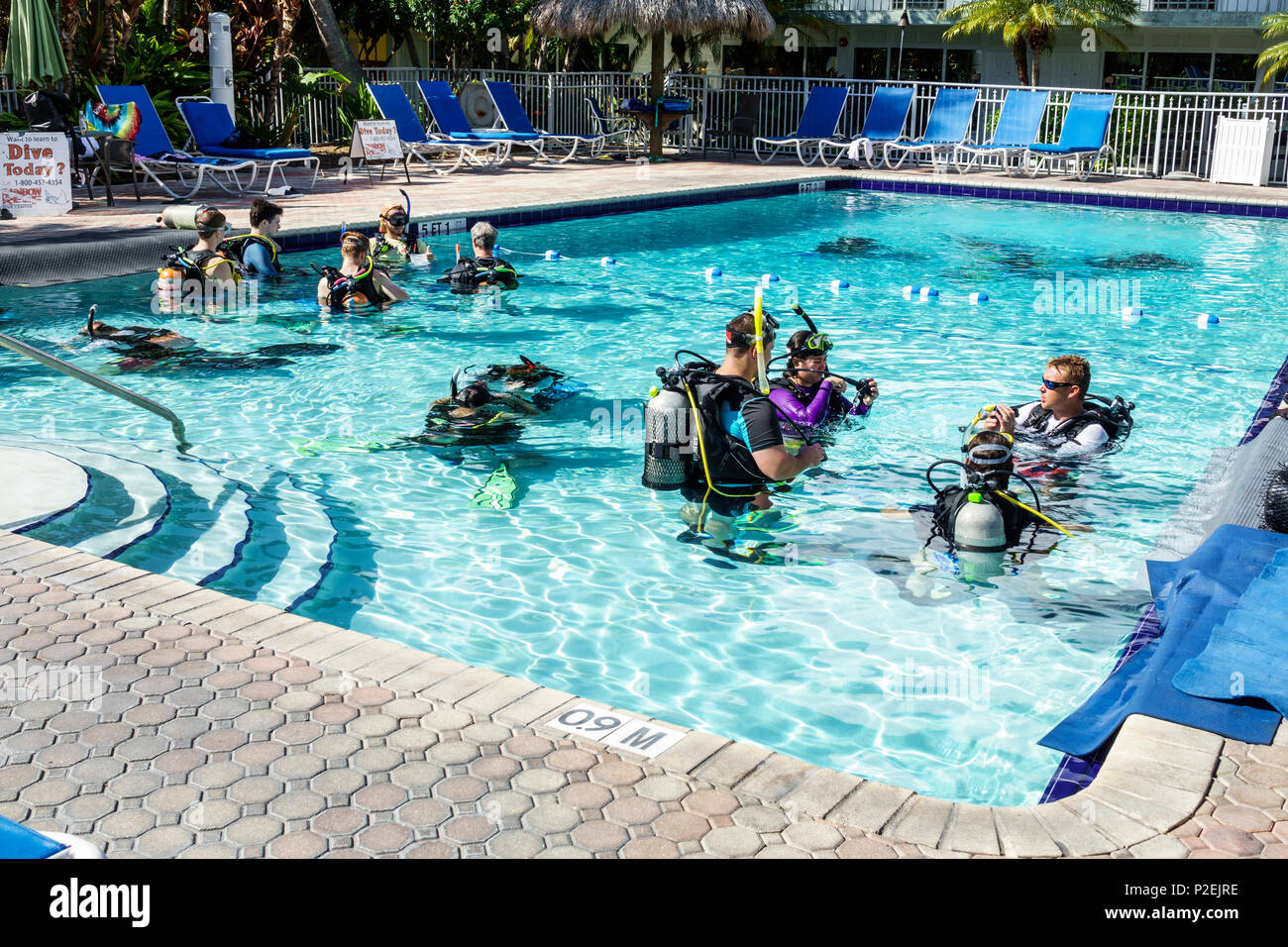 Florida Upper Key Largo Florida Keys,Holiday Inn,hotel,motel,piscina,lezioni di immersioni subacquee,uomo uomo uomo maschio,donna donna femmina,FL170818029 Foto Stock