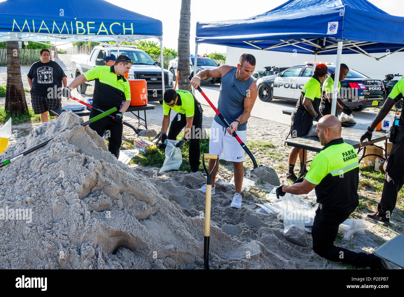 Miami Beach Florida, sacchi di sabbia gratuiti, Hurricane Irma, preparazione, rangers parco, volontari volontari volontari lavoratori del lavoro di volontariato, lavoro di squadra toget Foto Stock