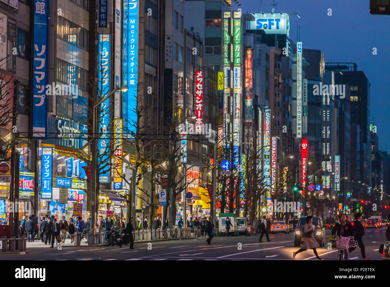 Negozi con cartelli di segnalazione luminosi lungo Chuo-Dori in Akihabara di notte, Chiyoda-ku, Tokyo, Giappone Foto Stock
