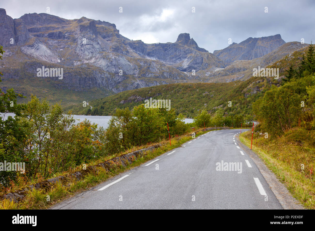 Road, estate, montagne, Flakstadoya, Lofoten, Norvegia, Nord, Europa Foto Stock