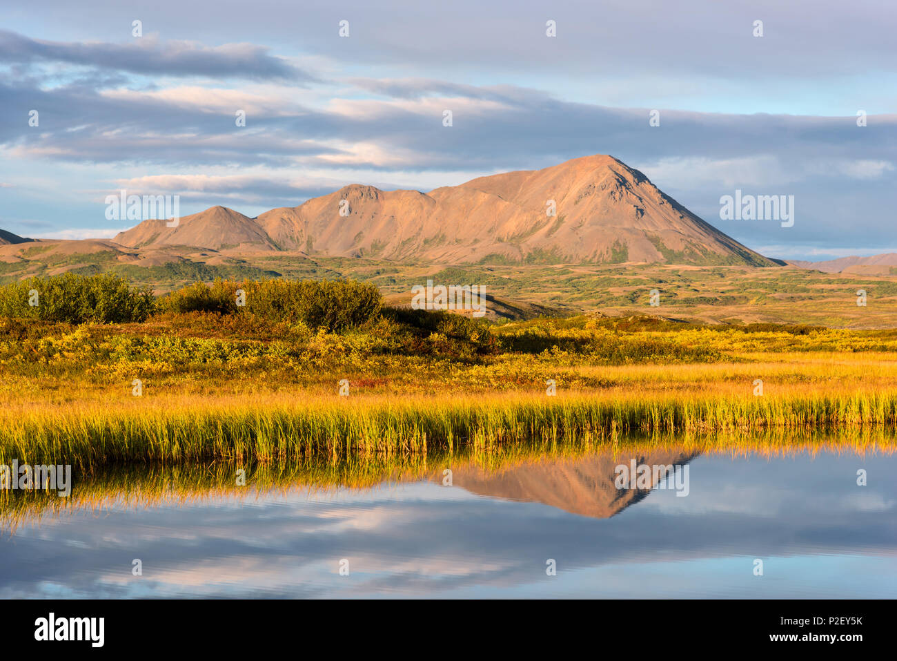 Hlidarfjall, Mountain Myvatn, riflessione, Lago, Tramonto, Islanda, Europa Foto Stock