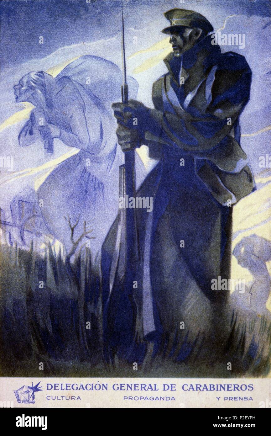 Cartello editado por la Delegación General de Carabineros. Obra de Paco de Ribera. Año 1937. Zona Republicana. Guerra civile 1936-1939. Foto Stock