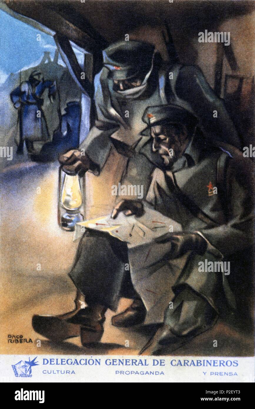 Cartello editado por la Delegación General de Carabineros. Obra de Paco Ribera. Año 1937. Zona Republicana. Guerra civile 1936-1939. Foto Stock