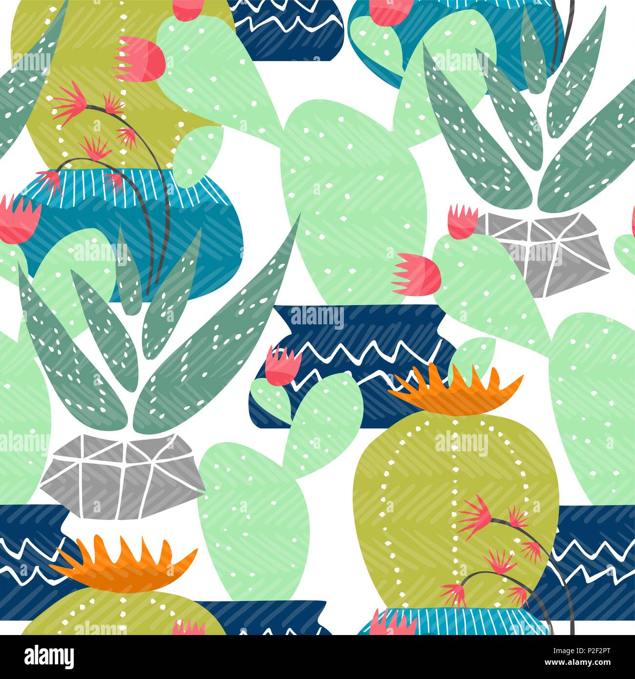 Impianto di Cactus seamless pattern, casa colorati interni piante messicana. Esotico sfondo floreale in mano stile disegnato. EPS10 vettore. Illustrazione Vettoriale