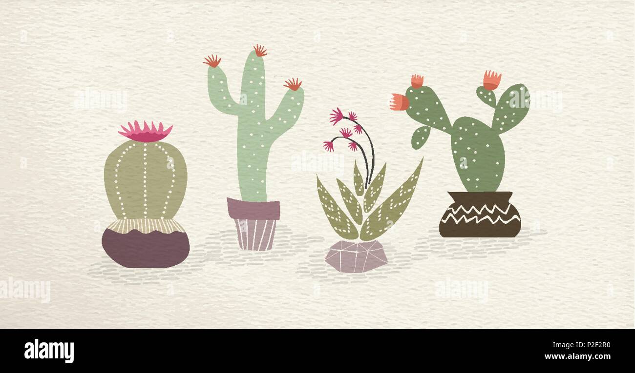 Impianto di Cactus set, interni piante del deserto. Fiori esotici raccolta a mano in stile disegnato. EPS10 vettore. Illustrazione Vettoriale